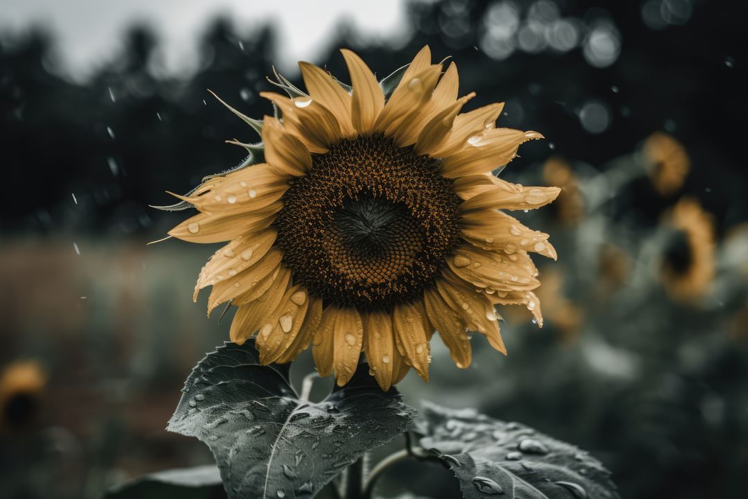 Sunflower in field with rain and blurred background, created using generative ai technology - Free Images, Stock Photos and Pictures on Pikwizard.com