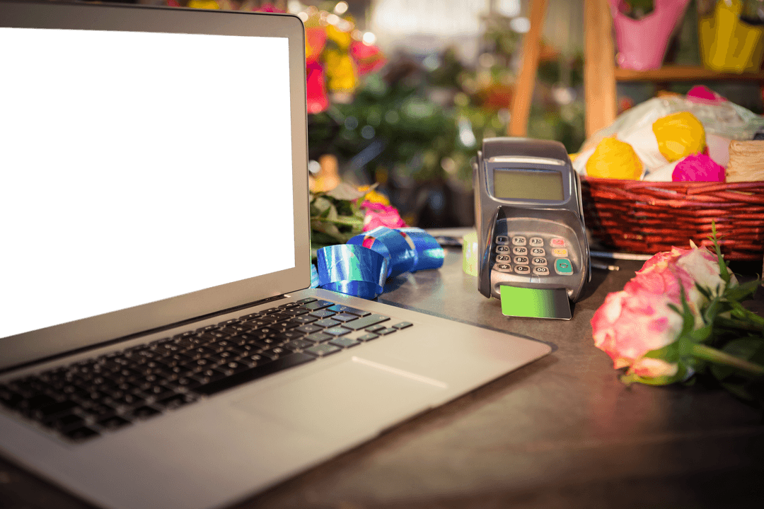 Transparent Laptop Display with Flowers and Payment Terminal