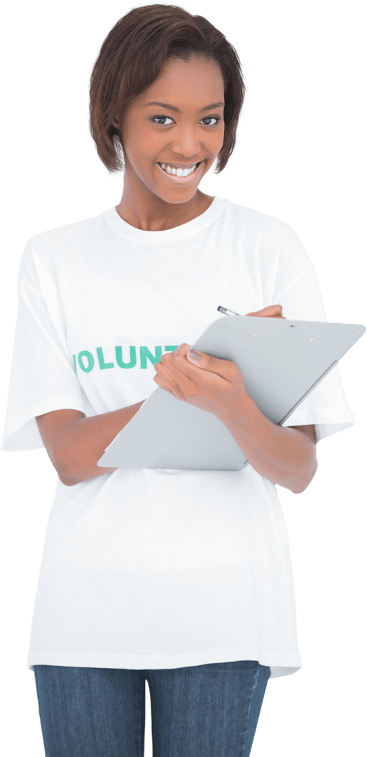Smiling Volunteer Woman with Clipboard on Transparent Background
