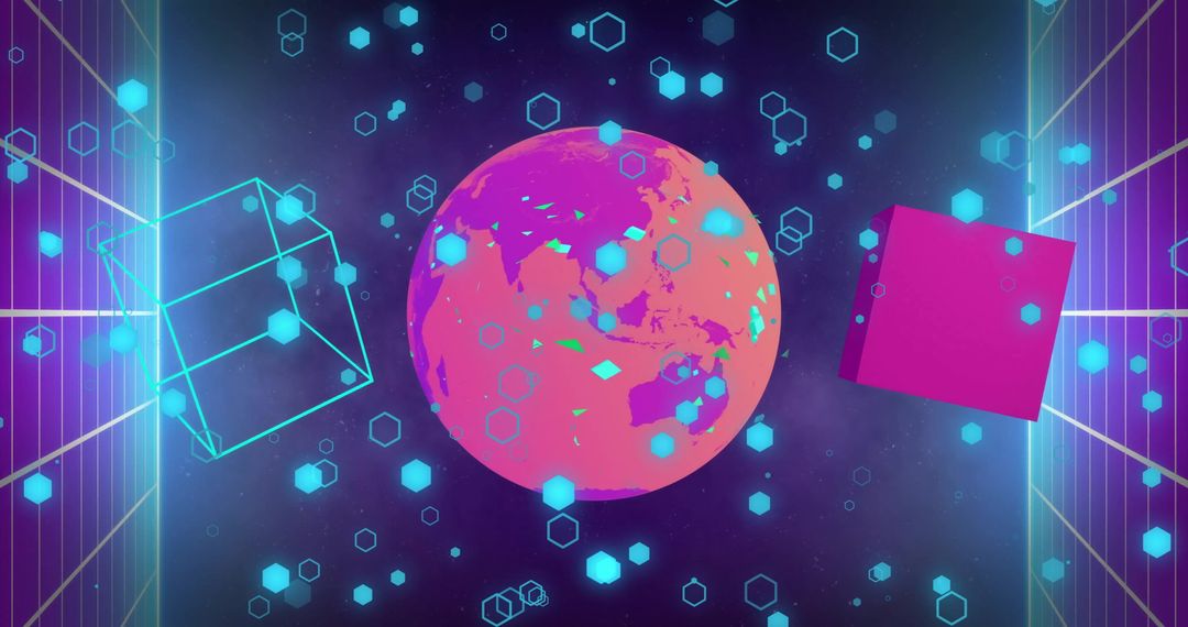 Futuristic Digital Globe and Geometric Shapes in Space