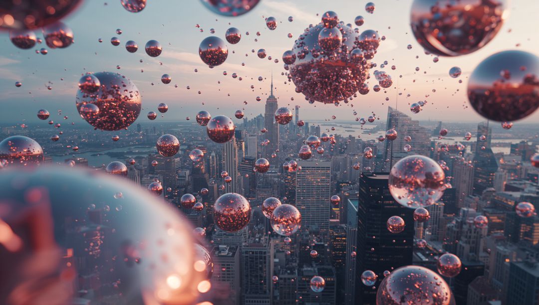 Reflective Spheres Floating Above City Skyline at Dusk