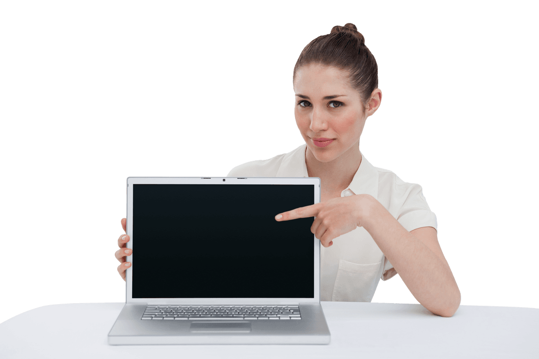 Caucasian Woman with Laptop and Blank Screen on Transparent Background