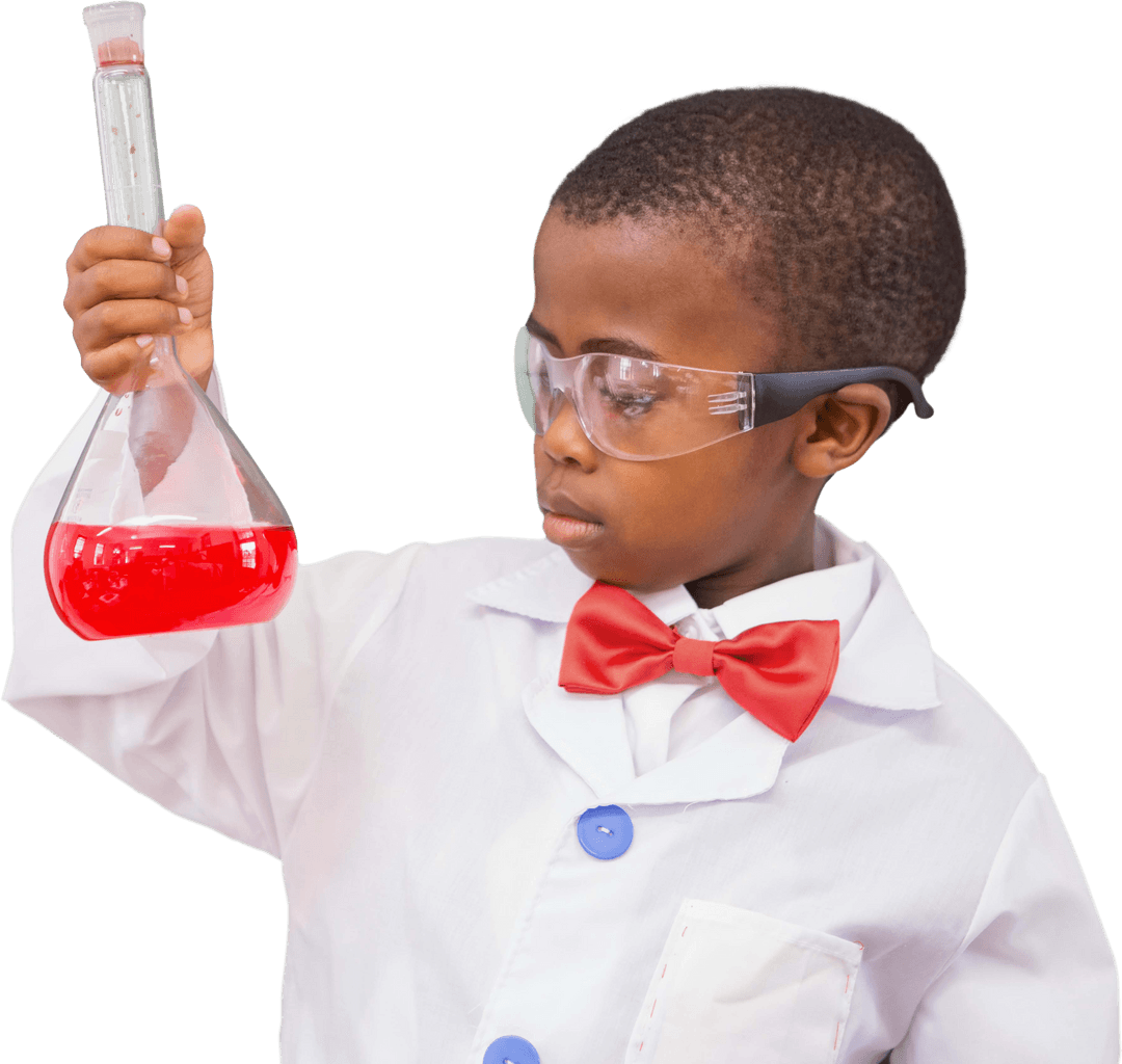 Curious Schoolboy Examining Red Liquid in Beaker Transparent Background