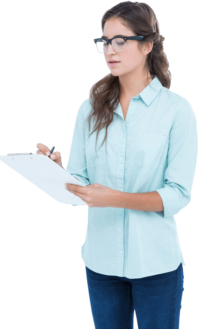 Transparent Background Woman Writing Clipboard in Casual Attire