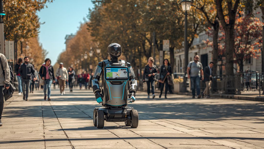 Autonomous humanoid robot rolling through urban promenade displaying touchscreen navigation