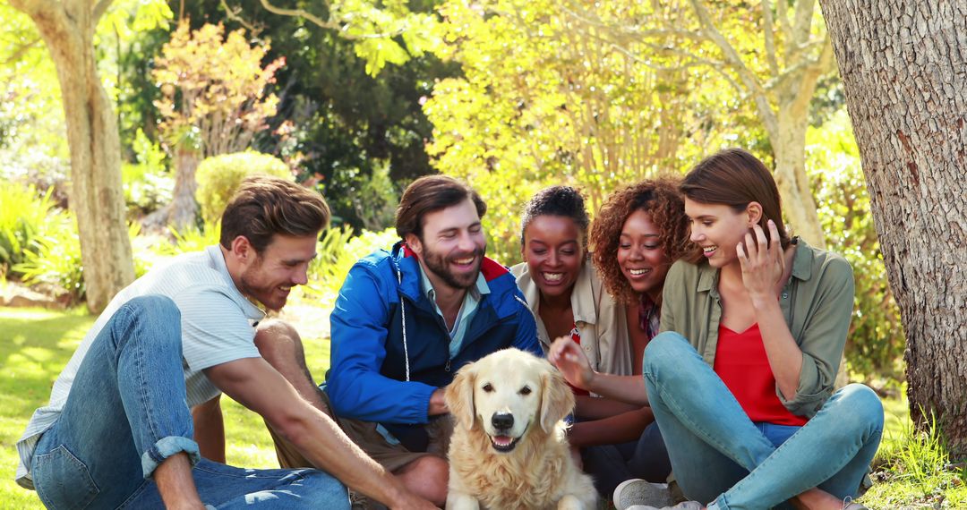 Group of Friends Enjoying Day at Park with Dog - Free Images, Stock Photos and Pictures on Pikwizard.com