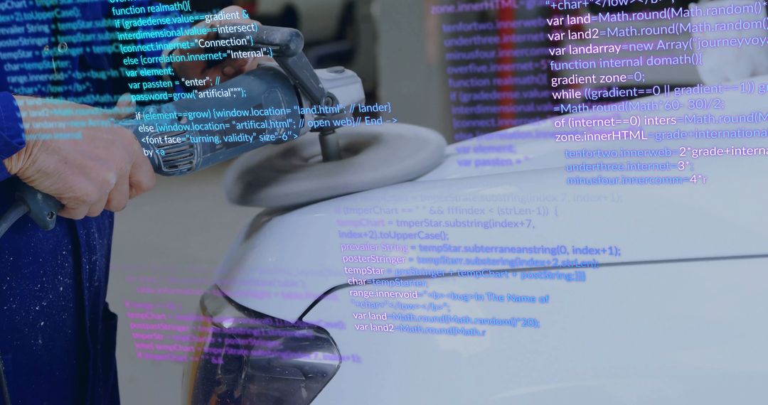 Auto Detailer using Electric Buffer with Futuristic Technology Overlay