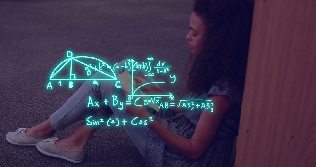 Biracial Student Engaged in Advanced Mathematics Study with Digital Overlay