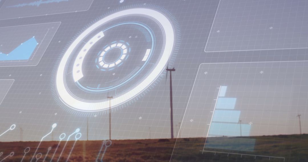 Futuristic Circular HUD Overlay in Rural Landscape with Wind Turbines