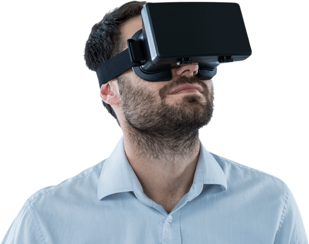 Transparent Background of Man Using Virtual Reality Headset in White Shirt