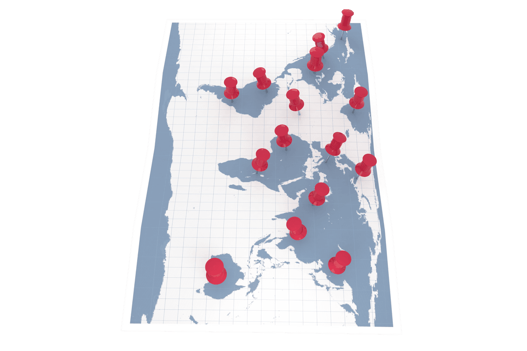 Transparent Map with Red Pins Marking Destinations Solid Colors