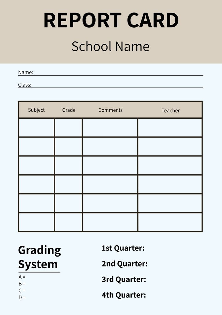 Academic Performance Report Card Template with Grading and Comments - Download Free Stock Templates Pikwizard.com