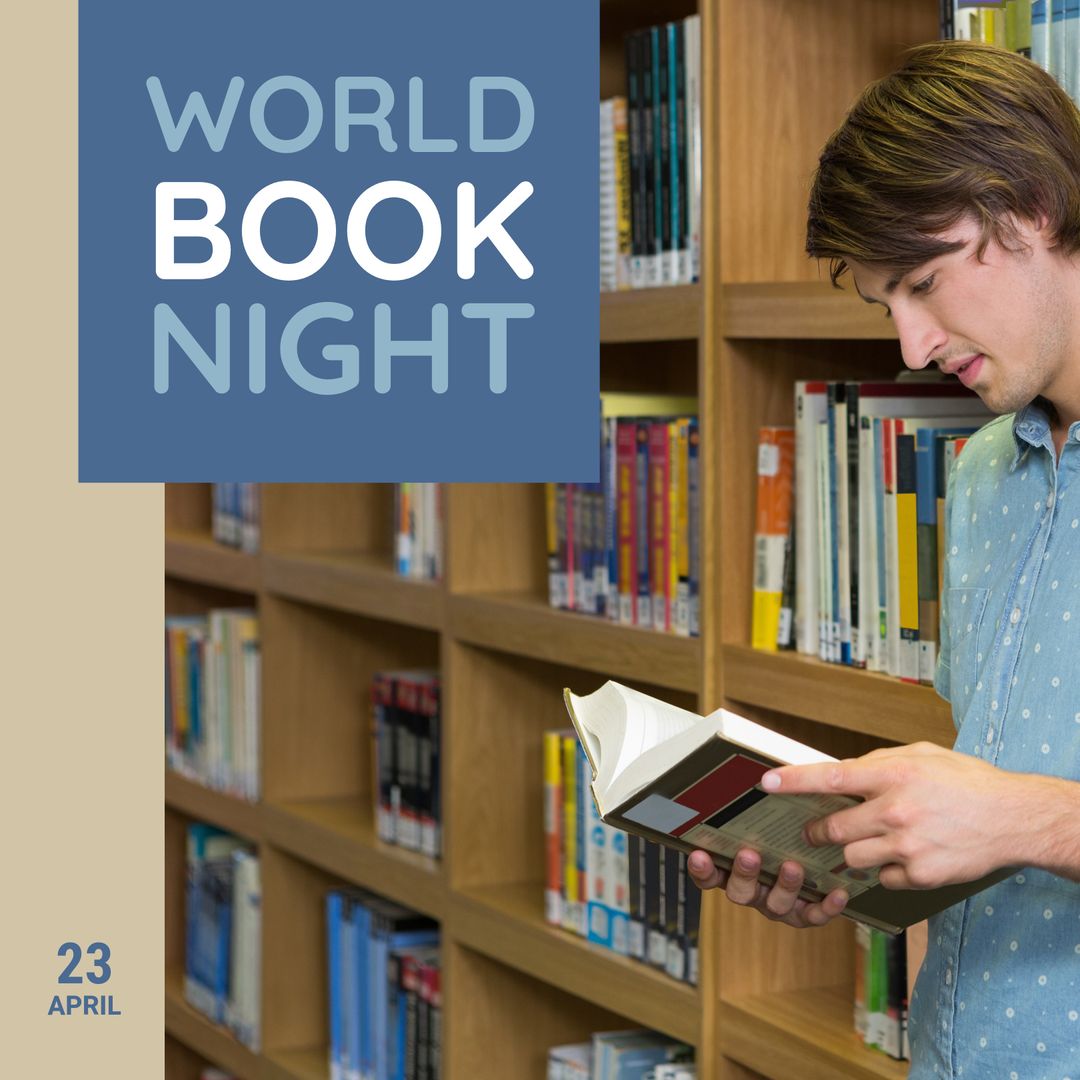 Young Man Reading Book in Library for World Book Night