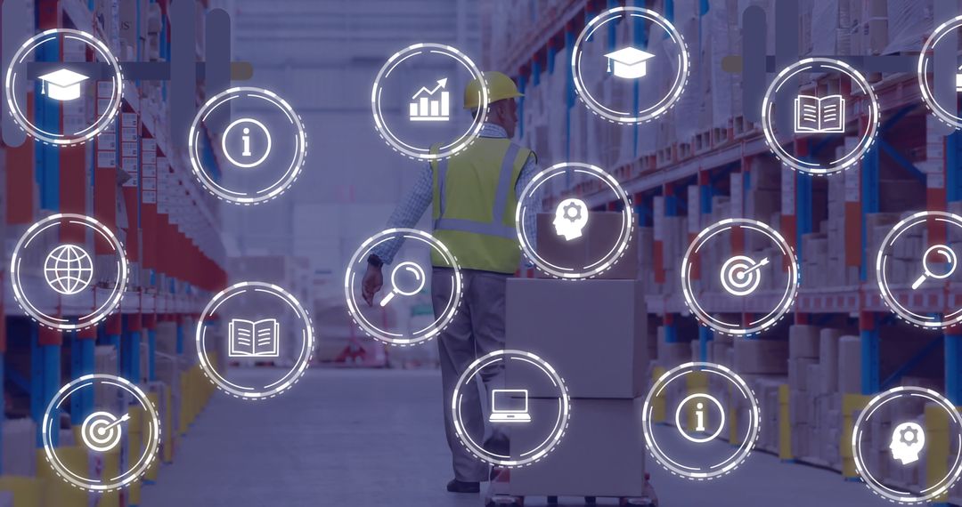 Warehouse Worker with Digital Interface Icons Overlay
