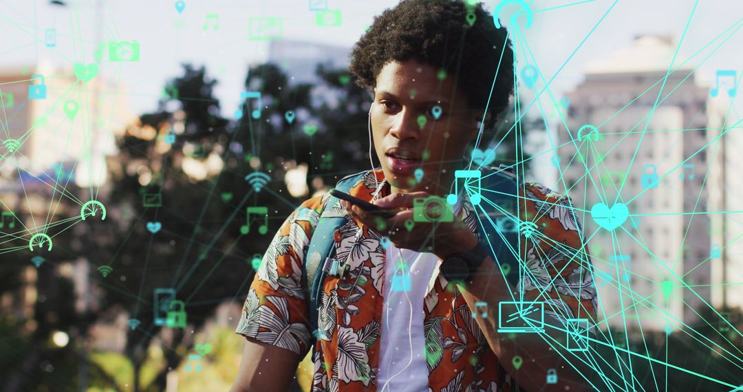 Young Man Interacting with Digital Media Elements