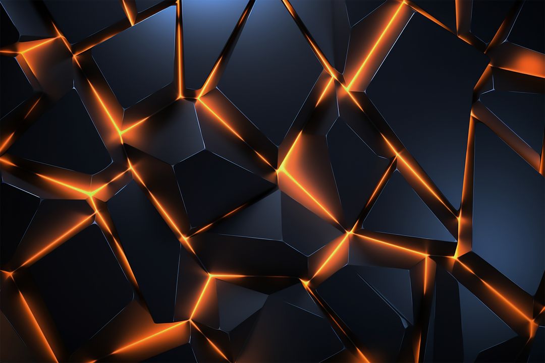 Futuristic black geometric design pattern with orange glowing lines