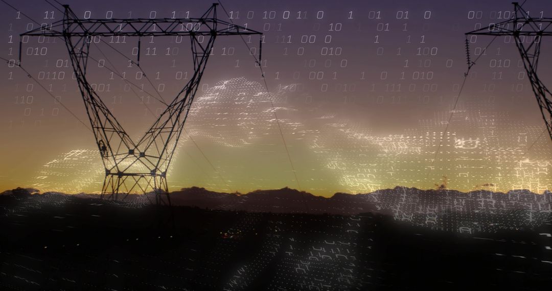Dominating transmission tower standing at dusk with digital binary network overlay
