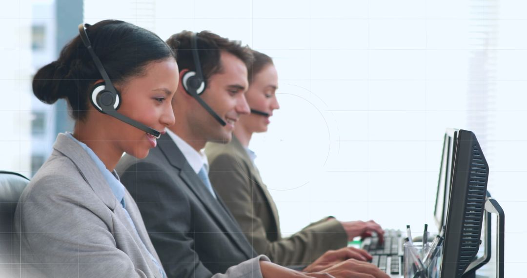 Customer Service Team Assisting Clients in Modern Office Setting