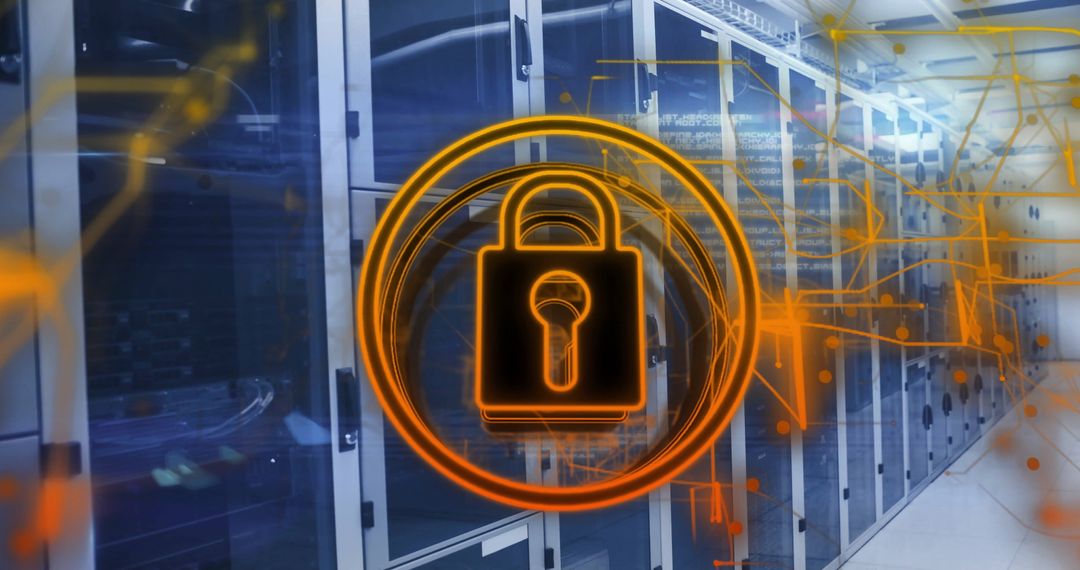 Cybersecurity Illustration with Glowing Padlock in Server Room