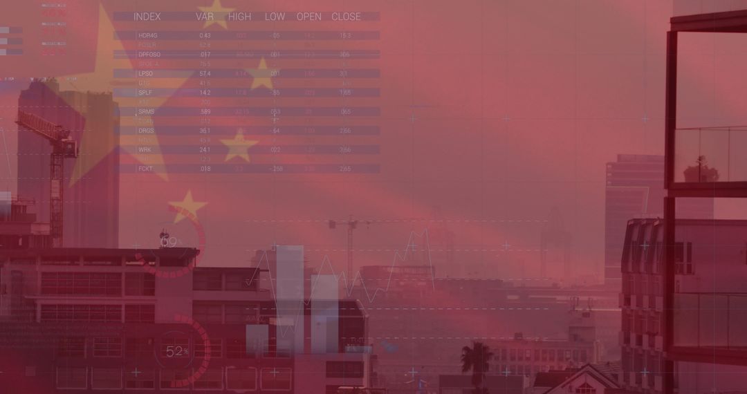 China Flag with Financial Data and Cityscape Influence