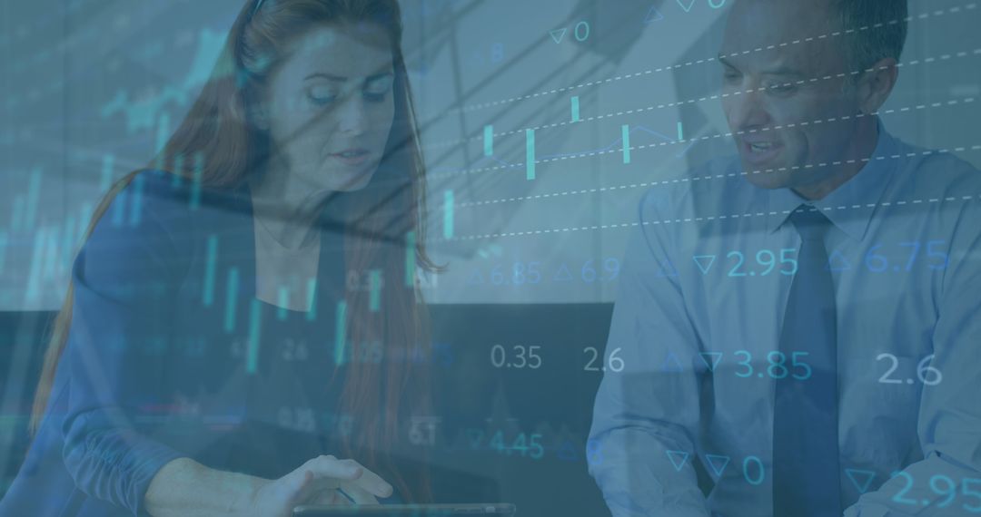 Business Professionals Discussing Data Analysis with Tech Overlay