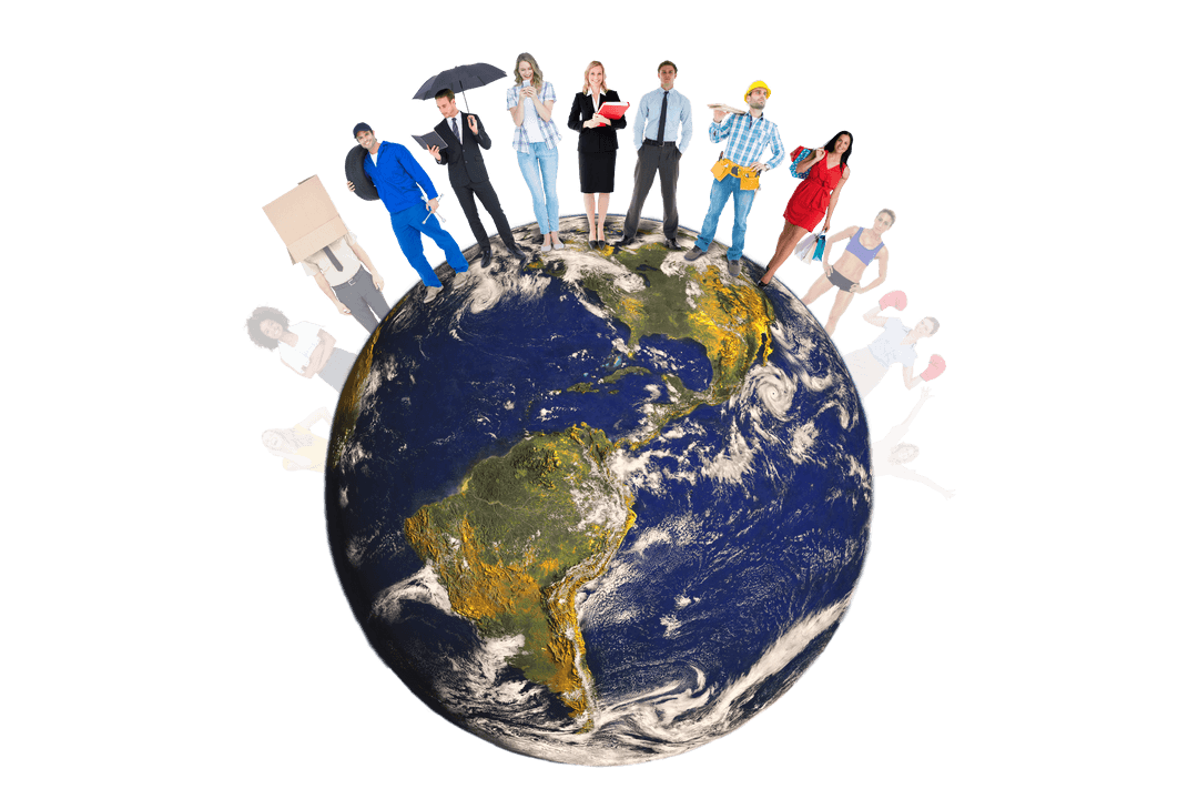 Transparent Globe with Diverse Professionals on High Resolution