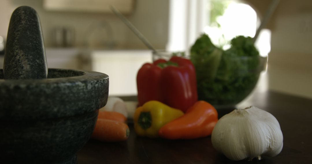 Fresh Vegetables on Kitchen Counter with Mortar and Pestle - Free Images, Stock Photos and Pictures on Pikwizard.com