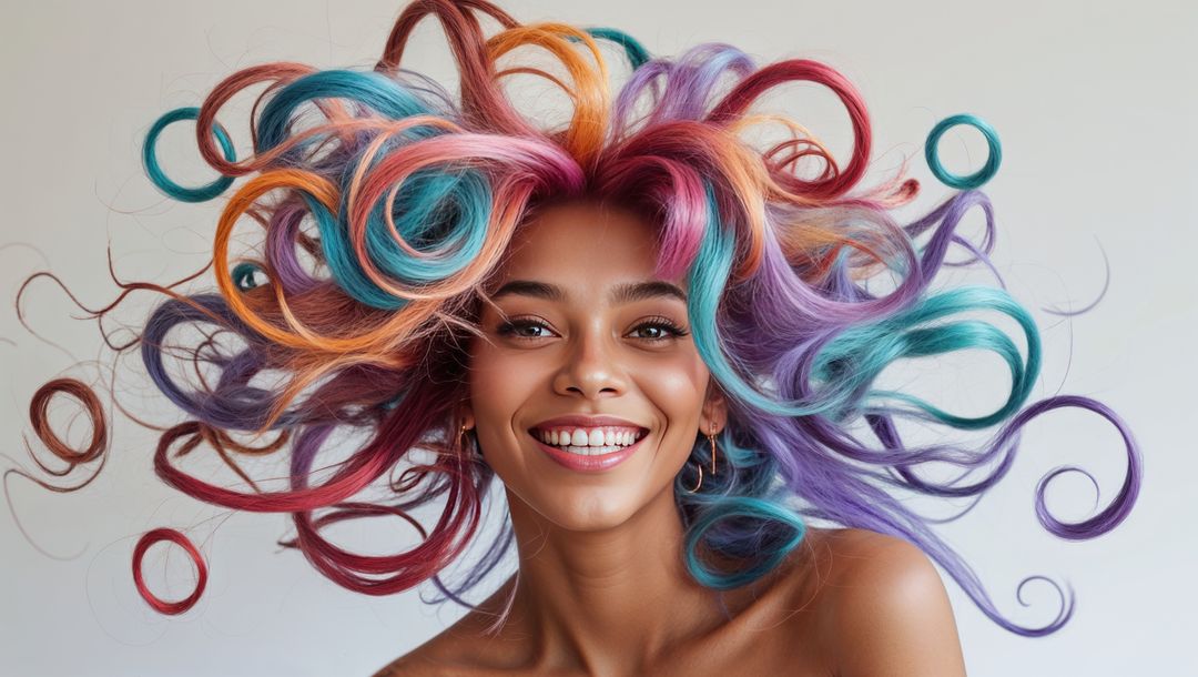 Joyful model with crazy whimsical multi-colored curls