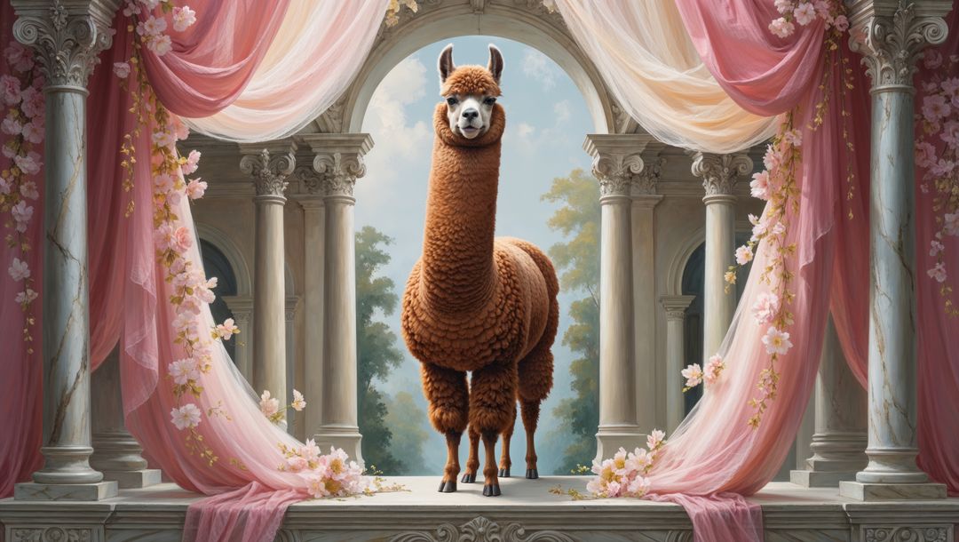 Majestic brown llama in opulent marble archway with pastel drapery