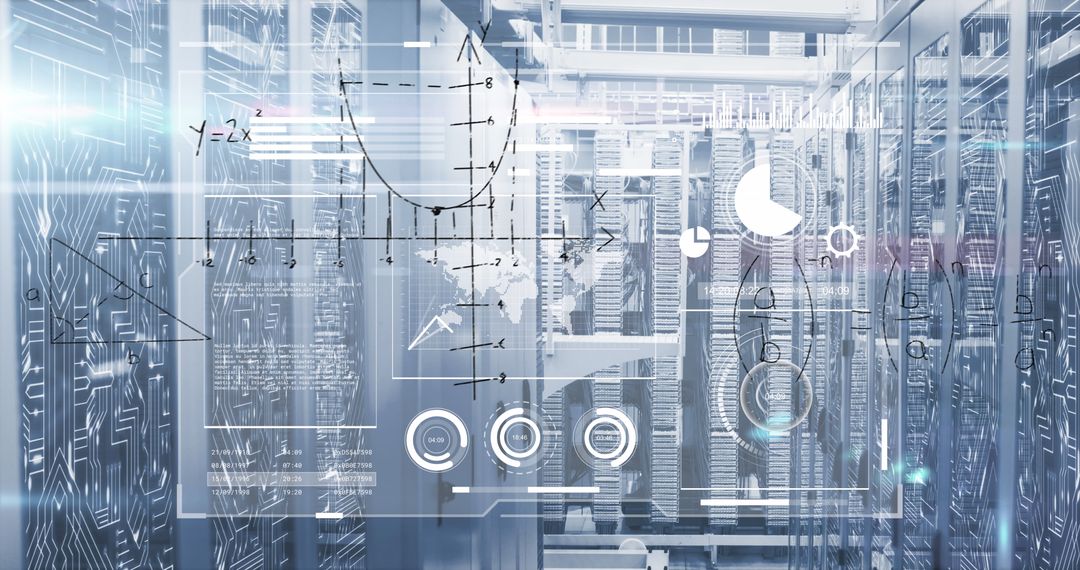 Data Analysis Overlay on Modern Server Room for Global Business