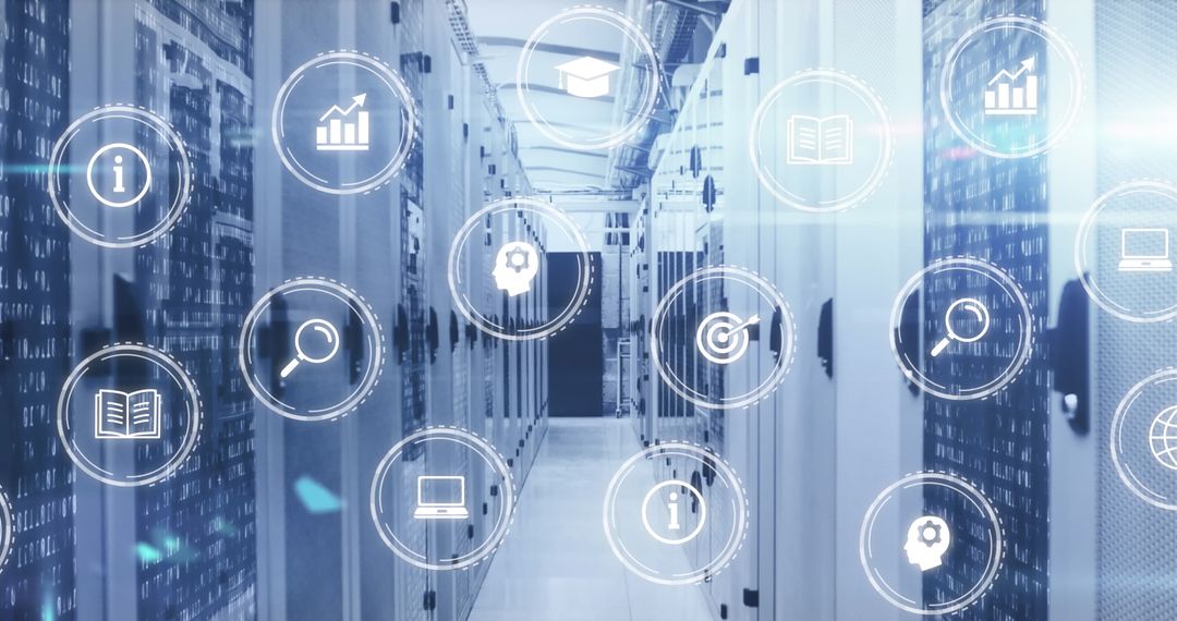Digital Icons Indicating Network Activity in Server Room