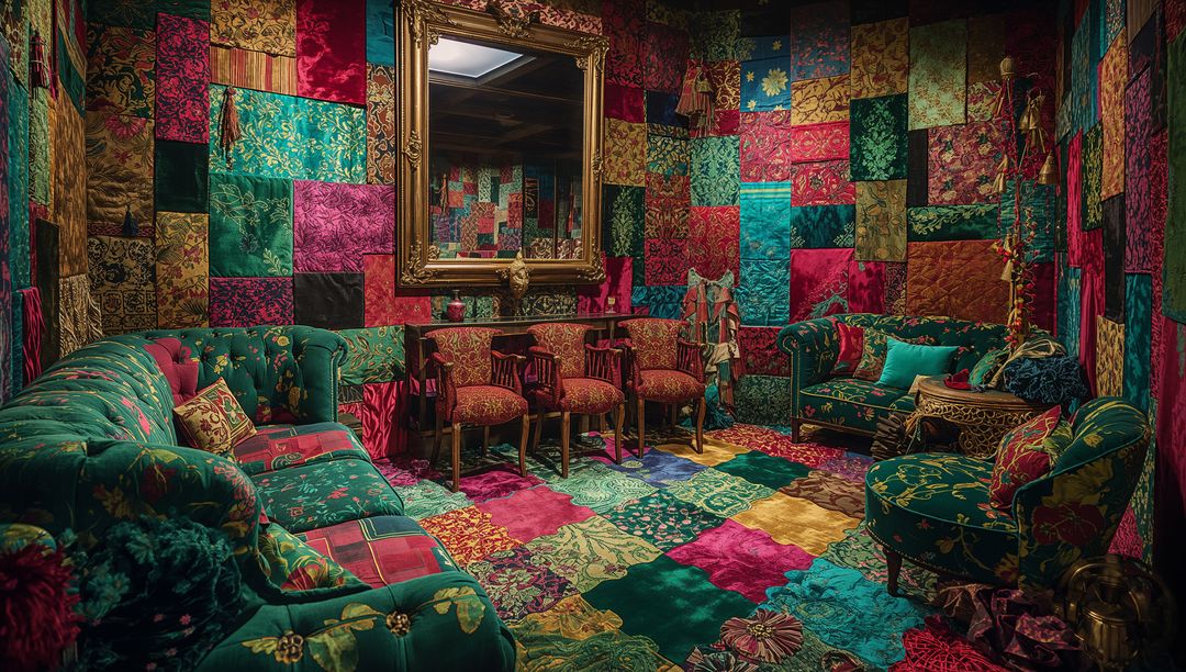 Jewel-toned patchwork parlor with tufted velvet sofas, gilt mirror and ornate textiles
