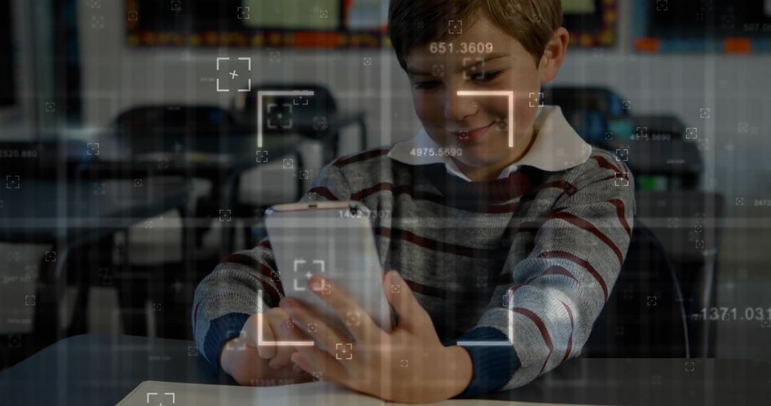 Smiling Boy Engaging with Smartphone in Modern Classroom Environment