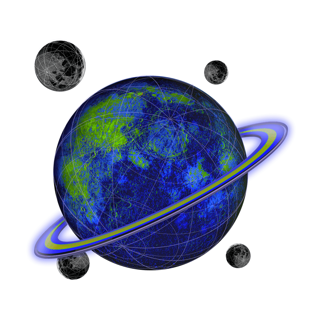 Wireframe Planet and Moons with Blue Rings on Transparent Background