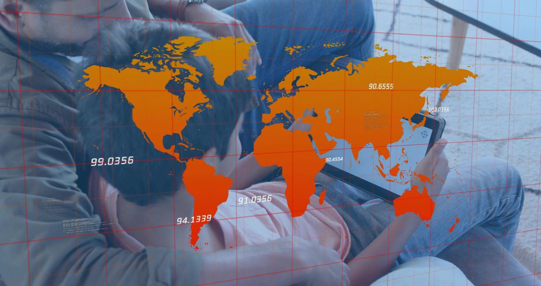 Father and Son Sharing Tablet on Couch with World Map Overlay, Family Digital Bonding