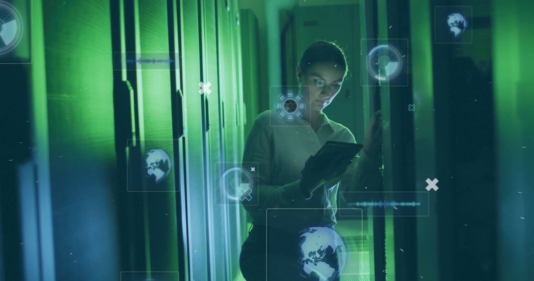 Female IT Technician Monitoring Digital Data in Server Room