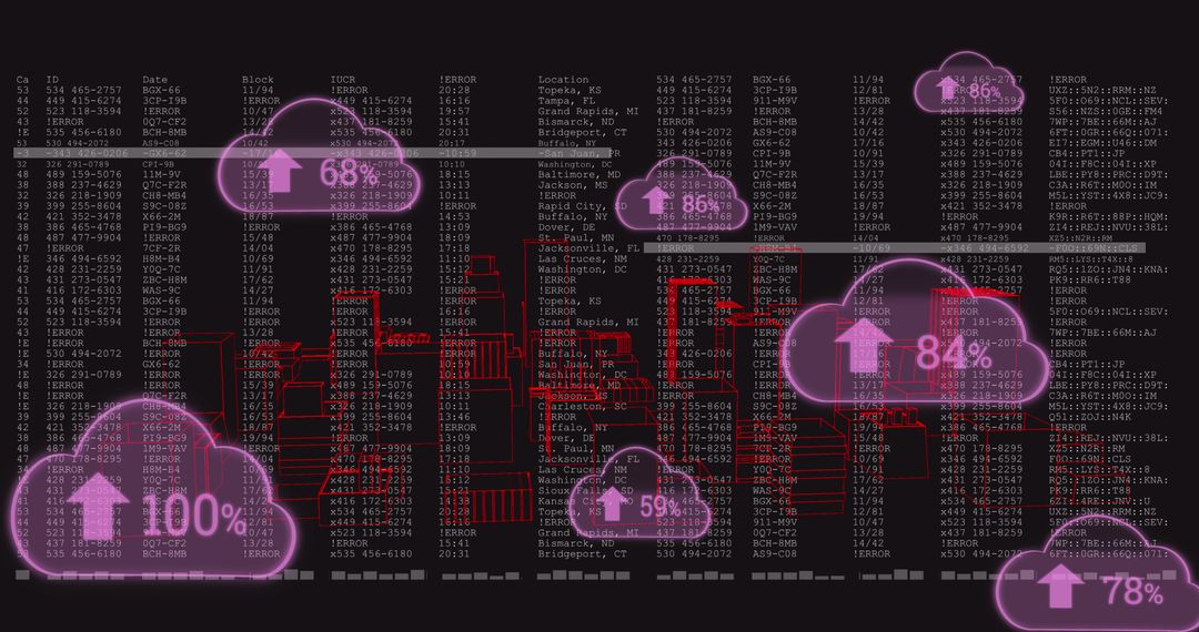 Digital Cityscape with Data Overlay and Cloud Icons