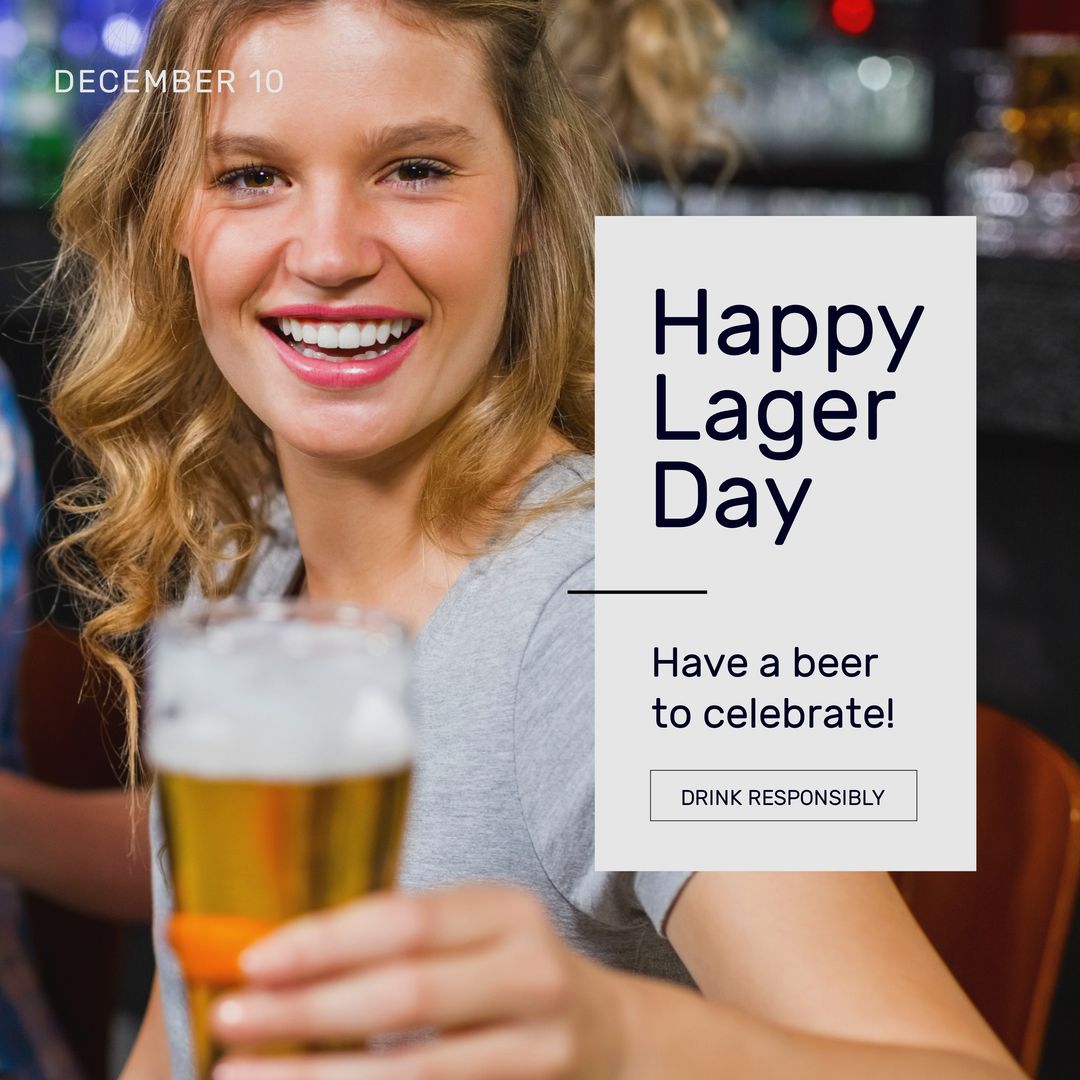 Composition of happy lager day text over caucasian woman drinking beer - Download Free Stock Templates Pikwizard.com