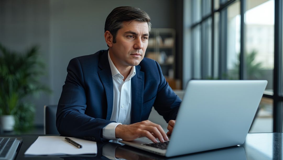 Business Professional in Office Working on Laptop