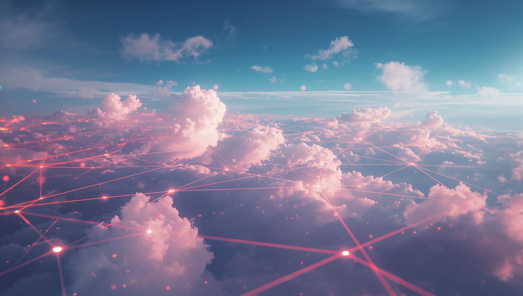 Futuristic Digital Network with Glowing Nodes Over Cumulus Clouds