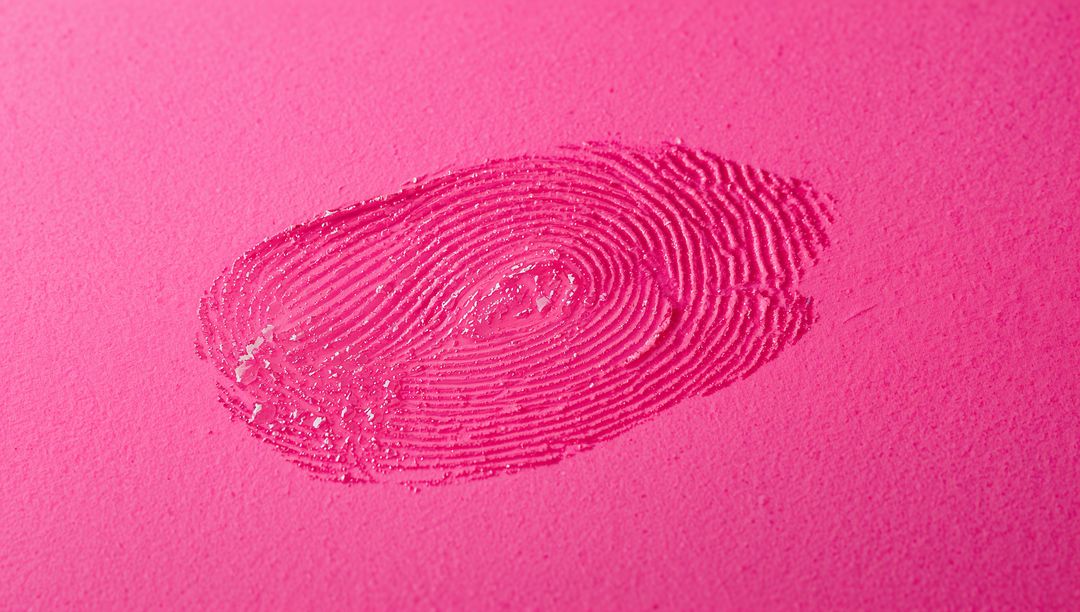 Closeup fingerprint leaving glossy residue on magenta textured paper, macro detail