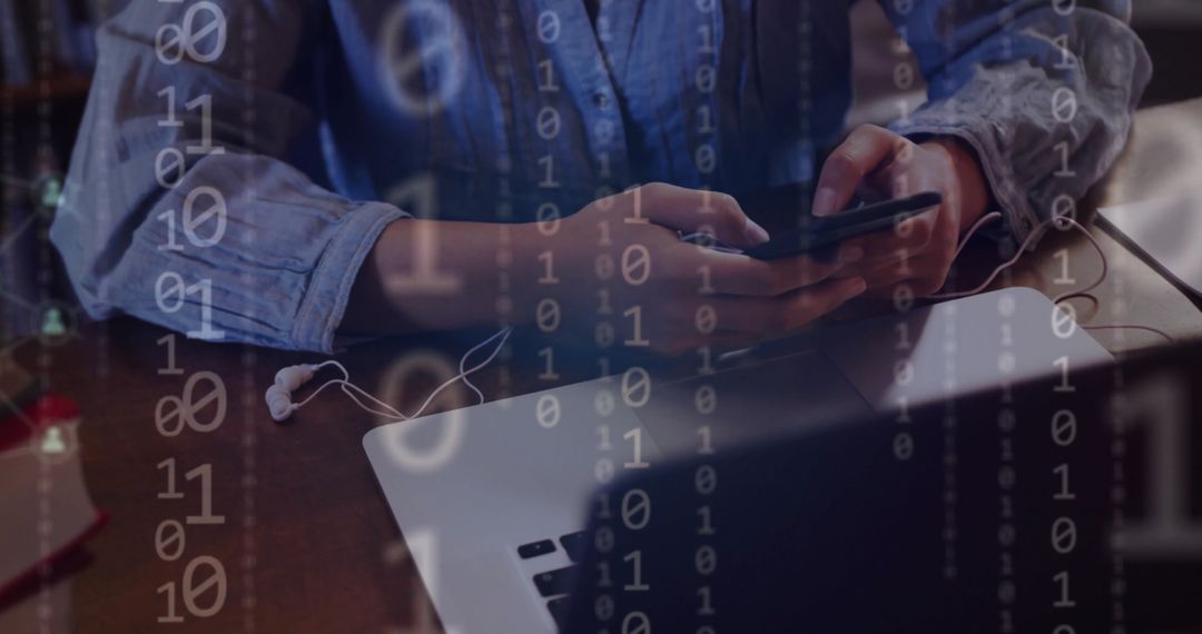 Student Analyzing Data on Smartphone with Virtual Code Overlay