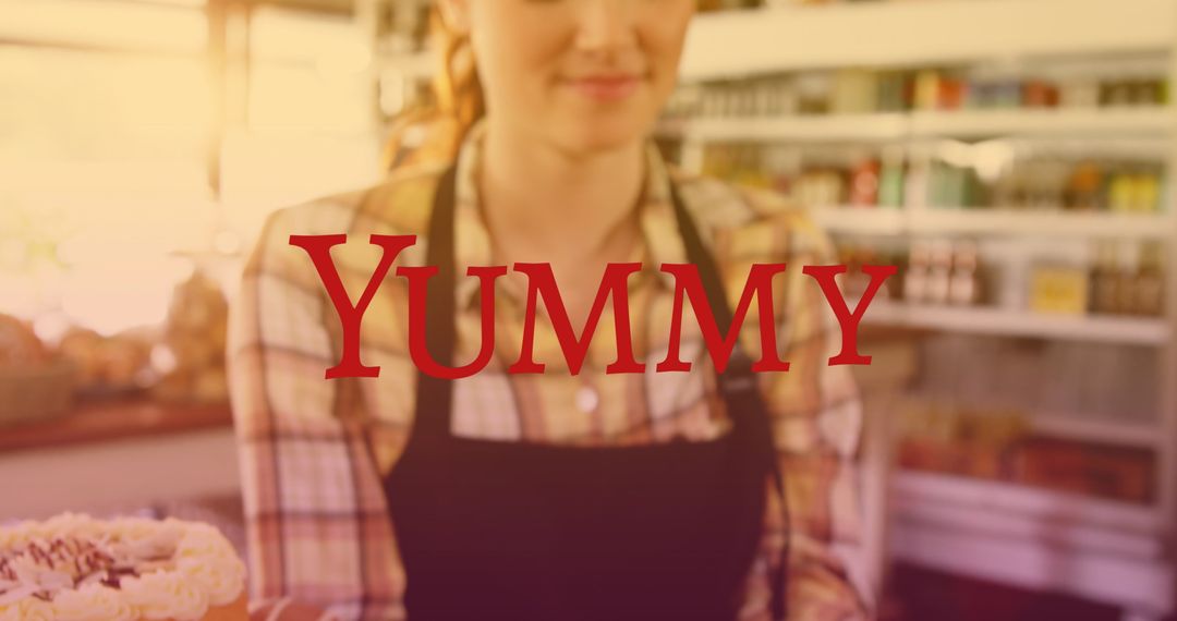 Smiling Female Baker Presenting Fresh Cake with Yummy Text