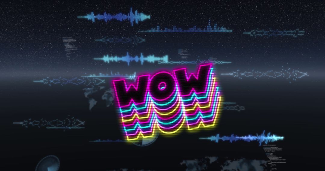 Vibrant Wow Text with Data Streams on Dark Background