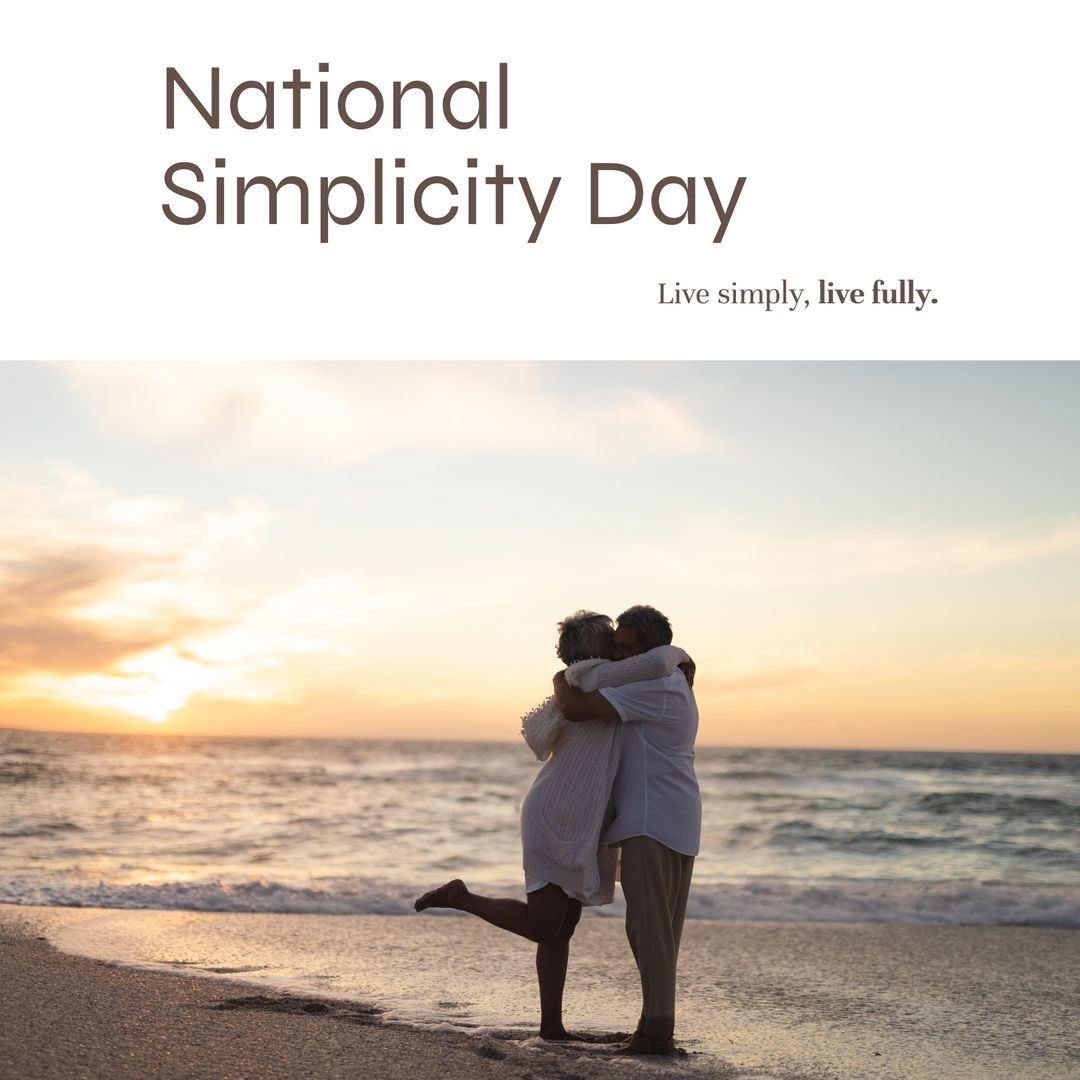 "Simplicity Day ad shows joyful seniors embracing on a beach." - Download Free Stock Templates Pikwizard.com