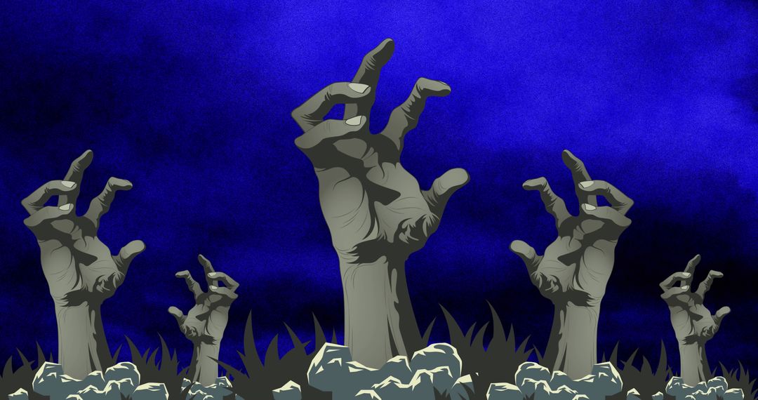 Zombie Hands Emerging from Graveyard with Blue Smoky Background