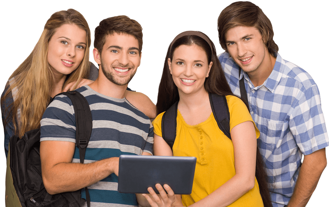 Transparent Smiling Students Using Digital Tablet Together