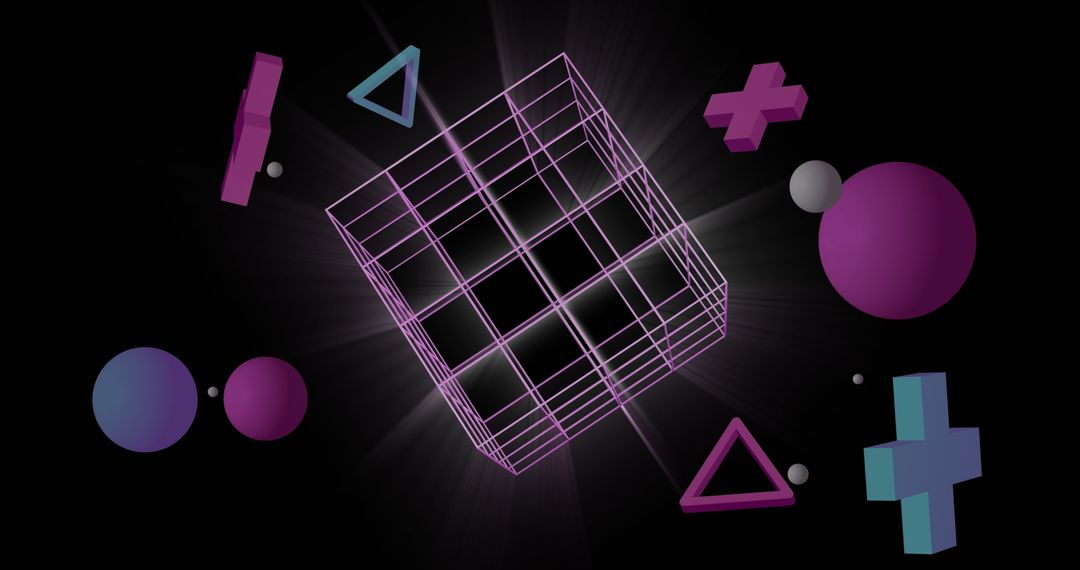 Geometric 3D Shapes with Digital Grid on Black Background