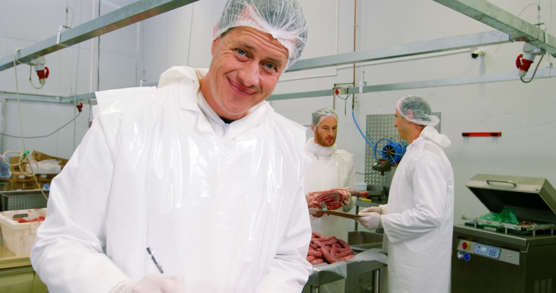 Smiling Butcher Recording Quality Checks at Meat Processing Plant - Free Images, Stock Photos and Pictures on Pikwizard.com