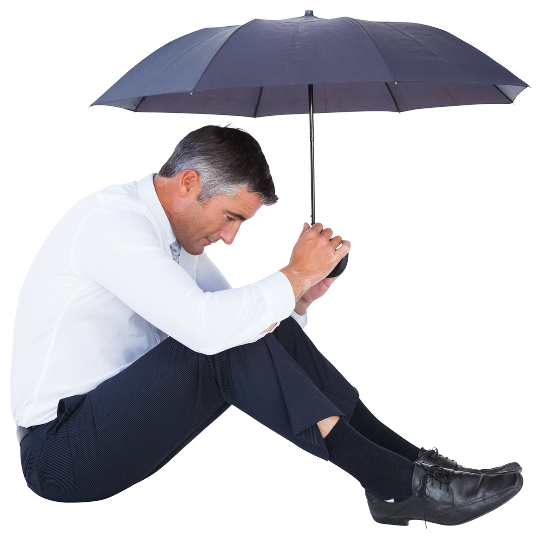 Gray-Haired Businessman Sitting Under Transparent Black Umbrella - Download Free Stock Images Pikwizard.com